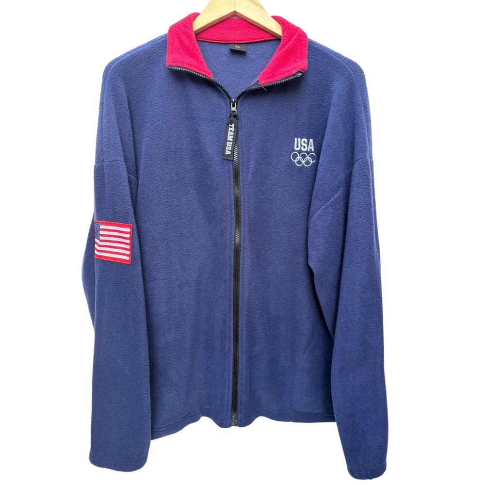 USA Olympic Fleece Jacket Mens XL Blue Red Full Zip Team USA Flag Patch